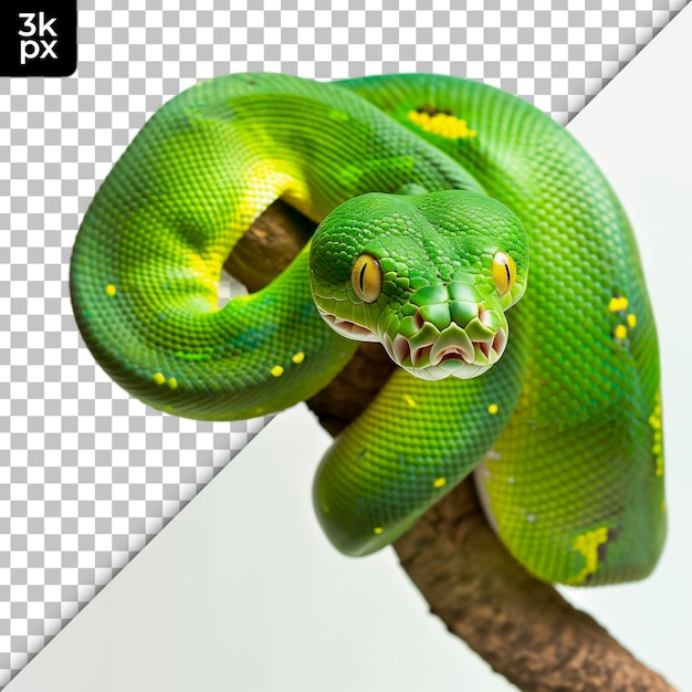 a green snake with a yellow head and a black background with a black and white background