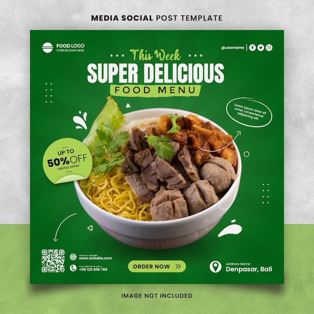 Green Super Delicious Food and Restaurant Menu Media Social Post Template