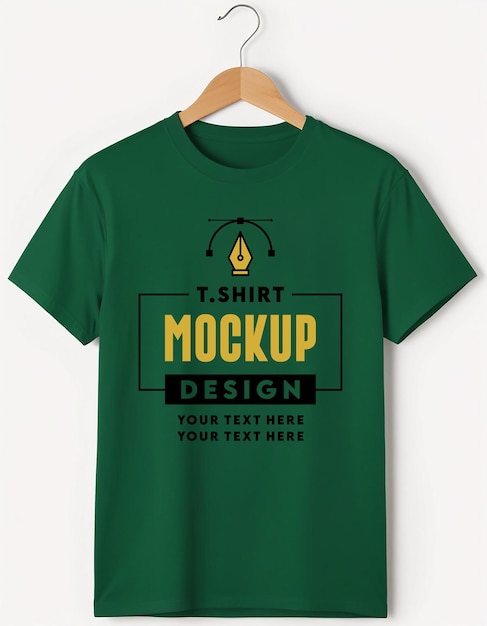 a green t shirt with the word t shirt on it is hanging on a wooden hanger