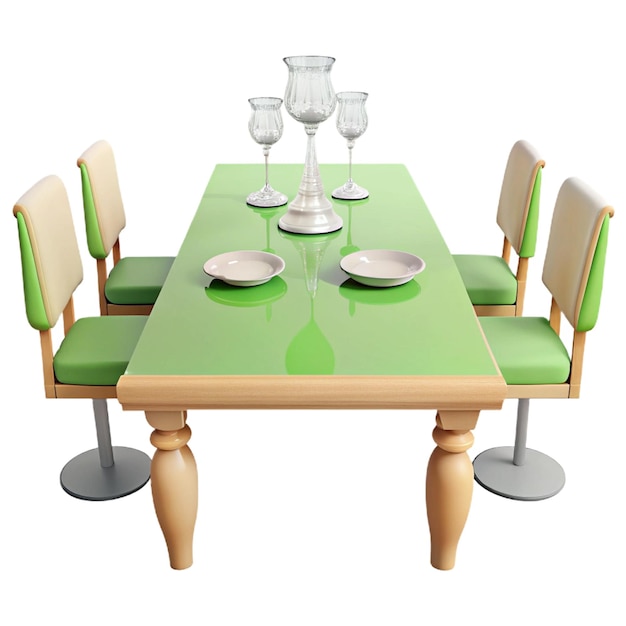 a green table with four chairs and a green tablecloth