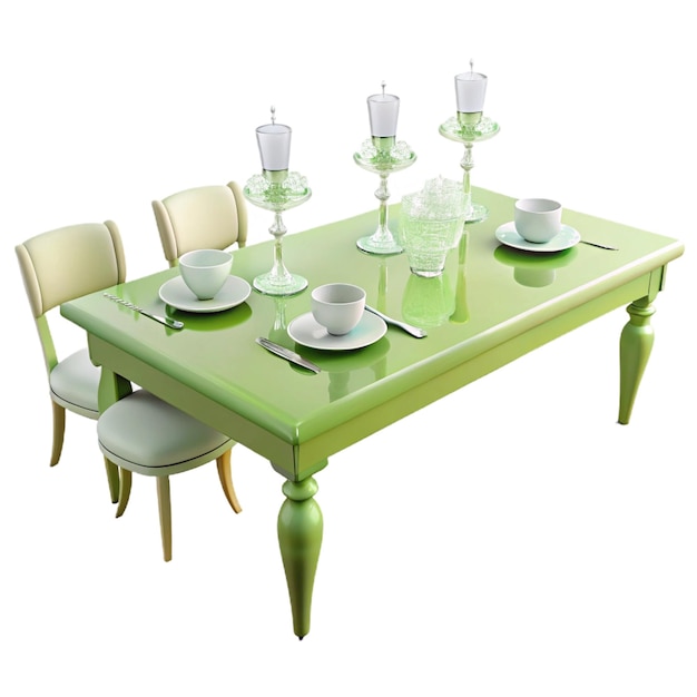 a green table with a green table and chairs and a white table with a green tablecloth and a white ta