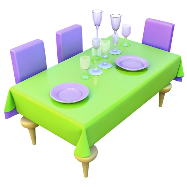 a green table with plates and glasses on it