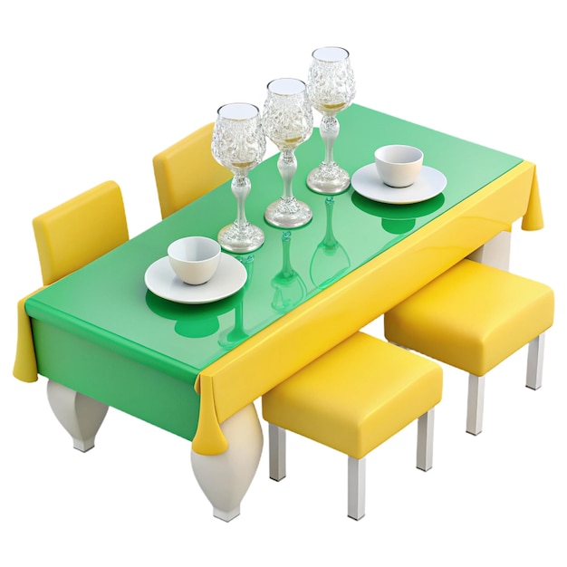 a green table with a yellow table and chairs with a green tablecloth