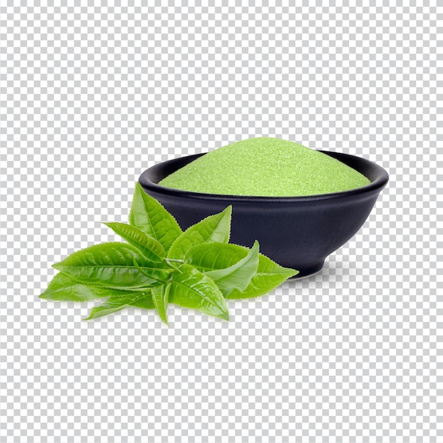 Green tea powder in a black cup with leaves isolated Premium PSD