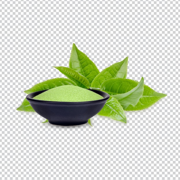 Green tea powder in a black cup with leaves isolated Premium PSD