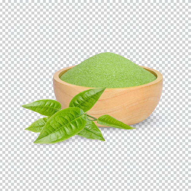 Green tea powder in a wooden cup with leaves isolated Premium PSD