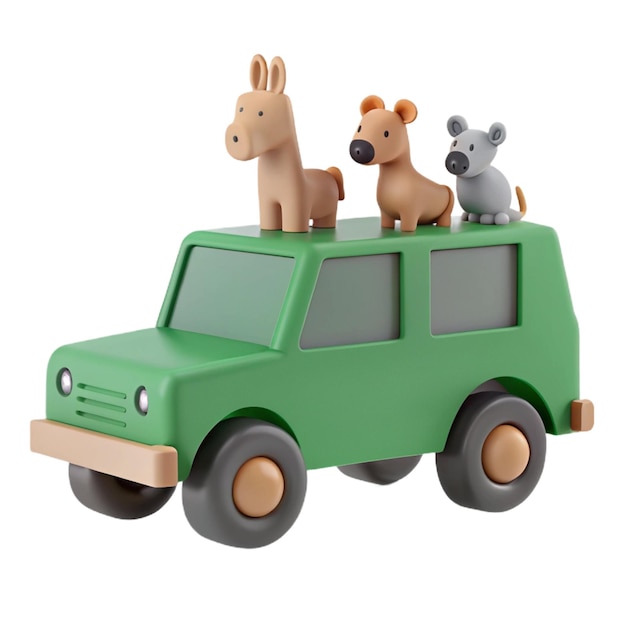 PSD a green toy car with three dogs on the top