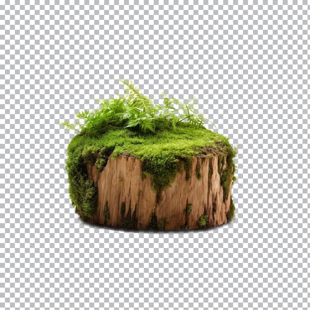 a green tree stump with the green moss on it