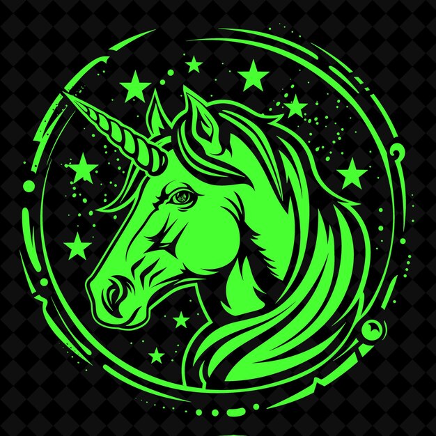 a green unicorn with a green background with stars and a black background