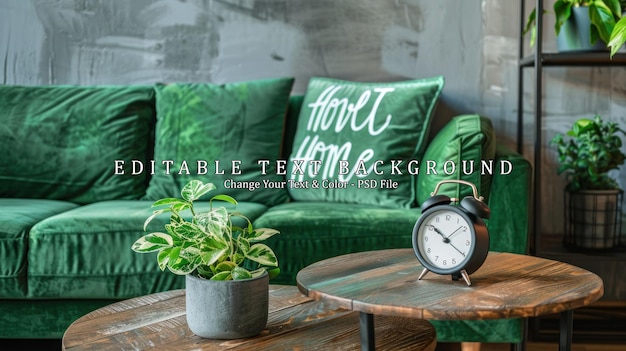 Green Velvet Sofa with Alarm Clock and Plants in a Modern Living Room