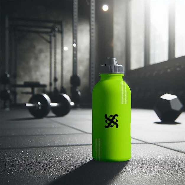 a green water bottle with a black x on it sits on a tiled floor