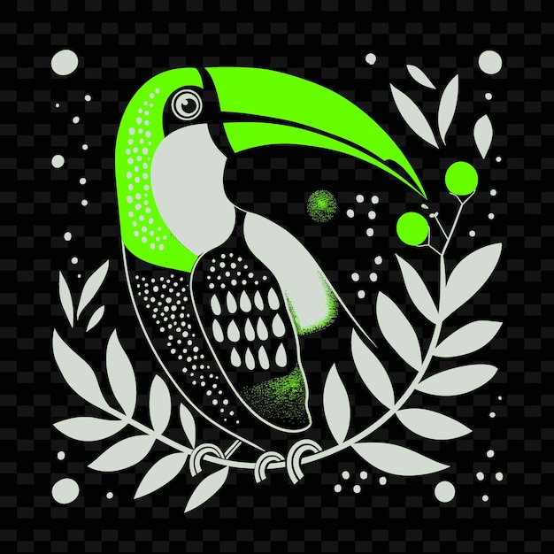 a green and white bird with a green beak sits on a black background