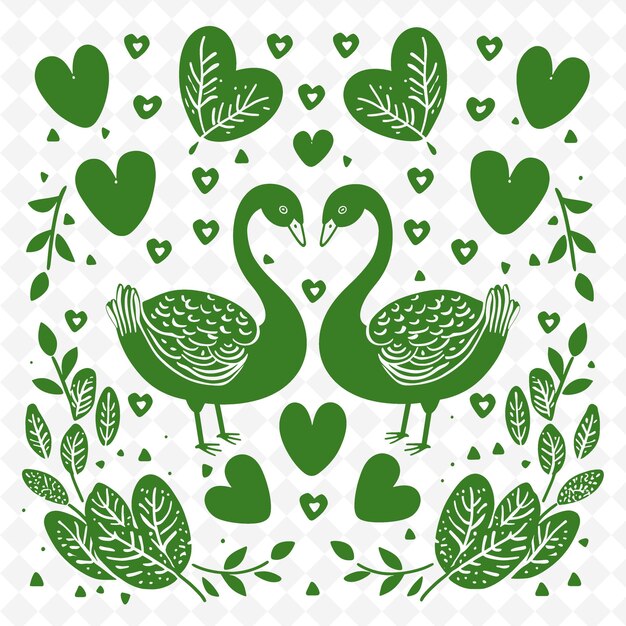 a green and white image of two birds with hearts and hearts in the background