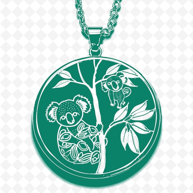 PSD a green and white necklace with a bear and a tree on it