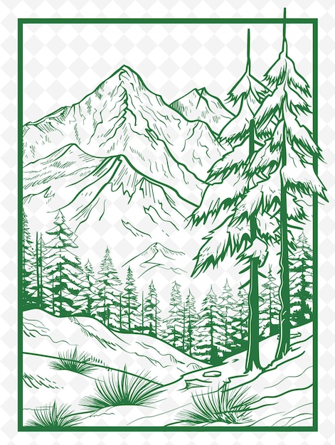 a green and white poster for a mountain landscape