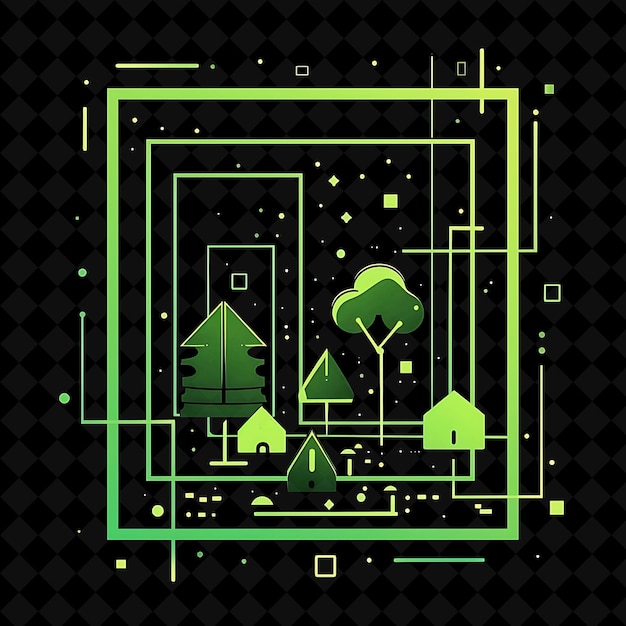 a green and yellow abstract illustration of a forest with trees and buildings