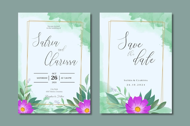 Greenery wedding invitation card with watercolor leaves