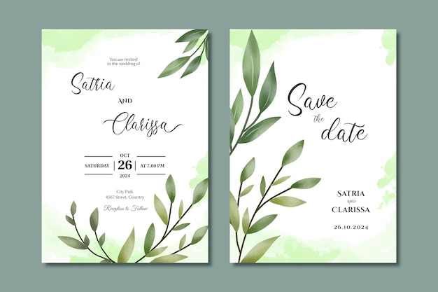 PSD greenery wedding invitation card with watercolor leaves