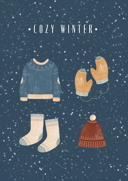 greeting card on dark blue background with cozy sweater gloves socks hat winter clothes and snow