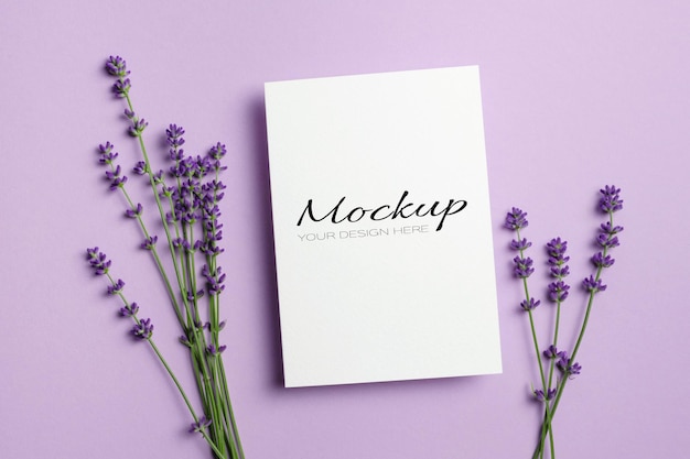 Greeting card or invitation card mockup with fresh lavender flowers