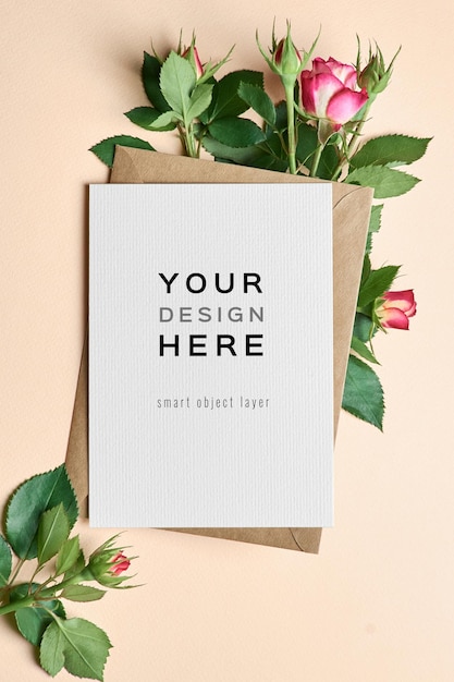 Greeting card mockup with envelope and roses flowers  