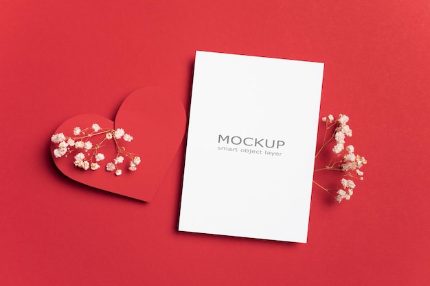 Greeting card mockup with red heart blank mockup