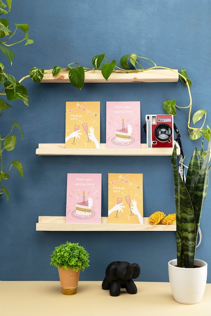 Greeting card on shelves mockup