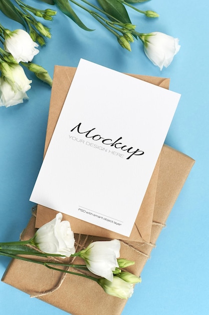 Greeting or invitation card mockup with white eustoma flowers