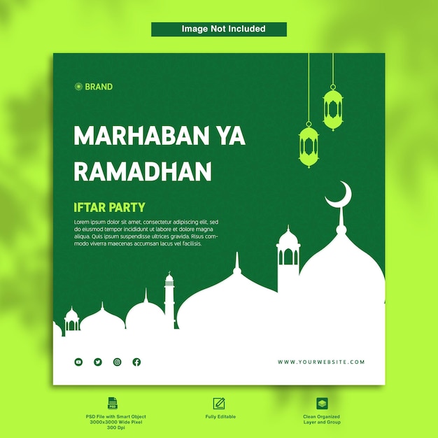 Greeting Invitation Iftar Party Ramadan Postcard Green Background with Lantern and Mosque