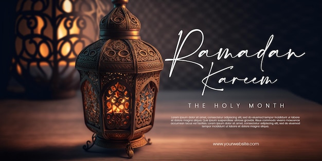 Greeting Ramadan Kareem with a lantern background, generative ai