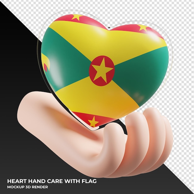 Grenada flag with heart hand care realistic 3d textured