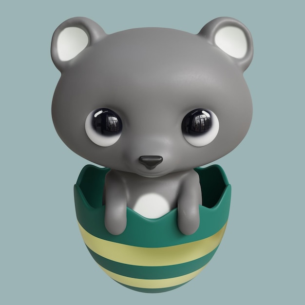 A grey bear is inside of a green and yellow egg