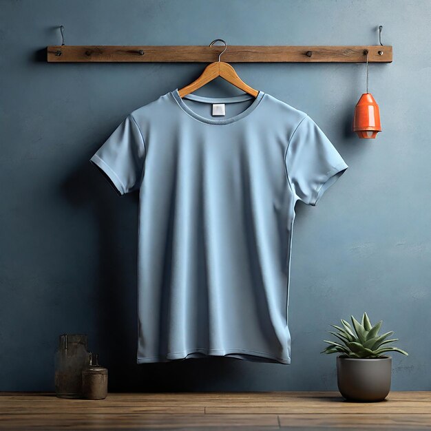 Grey blue t shirt mock up hanging against a plain background d rendering