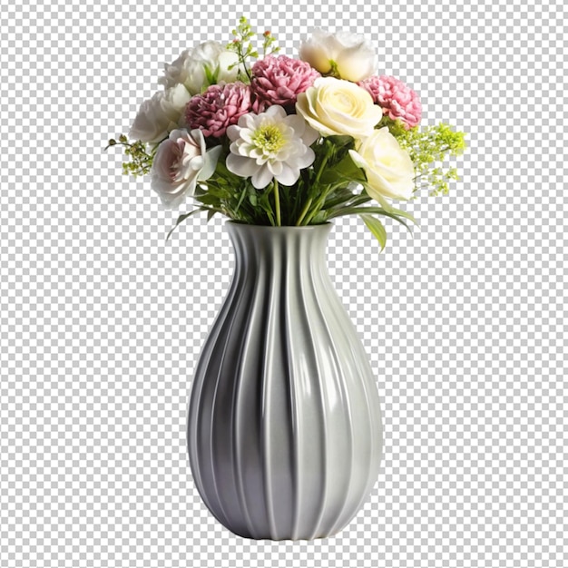 PSD grey curvy luxury flower vase with flowers on transparent background