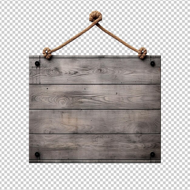 PSD grey wooden signboard with ropes isolated on transparent background