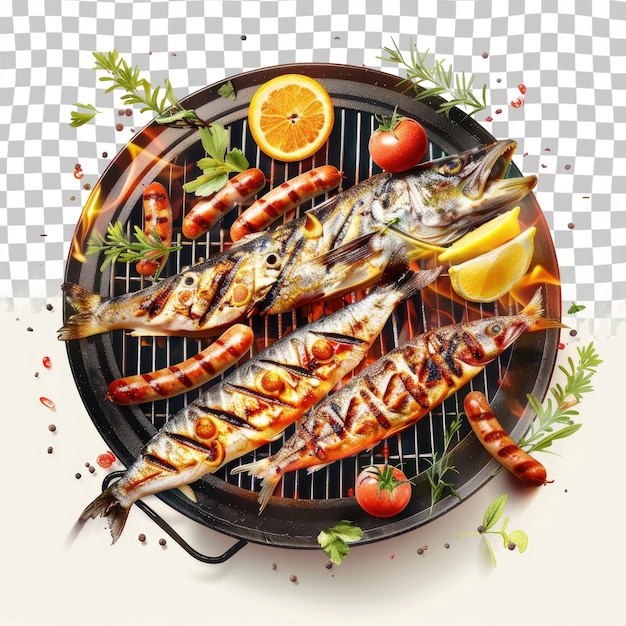 PSD a grill with a picture of fish and vegetables on it