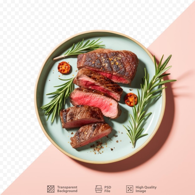 Grilled beef steak with spices and rosemary on transparent background plate