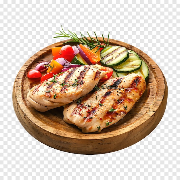 Grilled chicken breasts with fresh vegetables on a transparent background