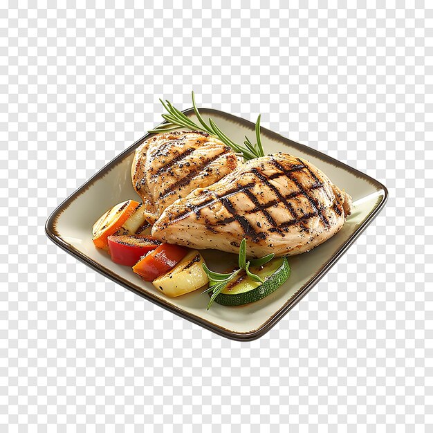 Grilled chicken breasts with fresh vegetables on a transparent background