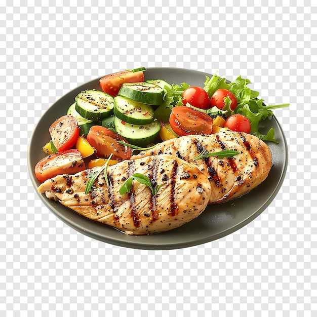 Grilled chicken breasts with fresh vegetables on a transparent background