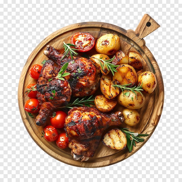 Grilled chicken or roasted bbq with spices potato and tomato isolated on a transparent background