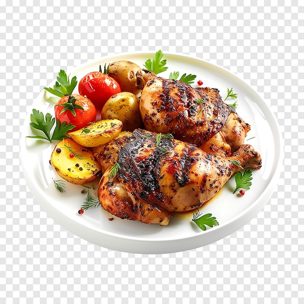 Grilled chicken or roasted bbq with spices potato and tomato isolated on a transparent background