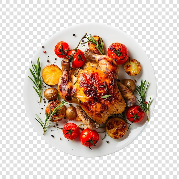 PSD grilled chicken or roasted bbq with spices potato and tomato on a transparent background