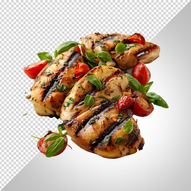 Grilled chicken or roasted bbq with spices and tomato isolated on white background