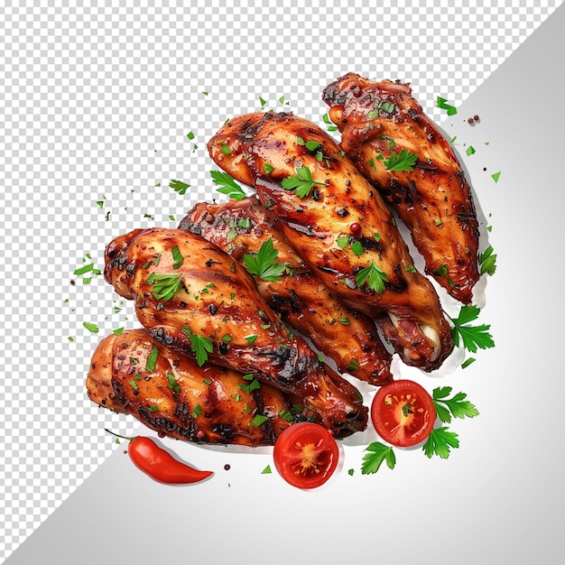 Grilled chicken or roasted bbq with spices and tomato isolated on white background