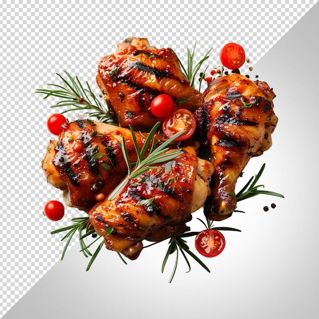 Grilled chicken or roasted bbq with spices and tomato isolated on white background