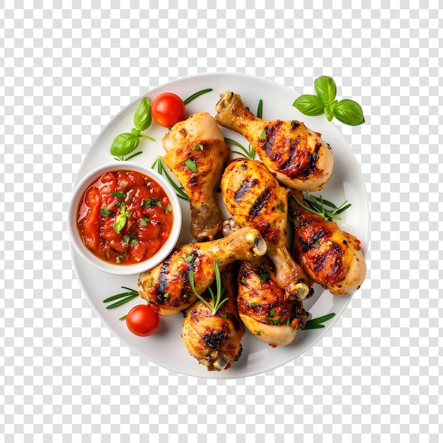 Grilled chicken or roasted BBQ with spices and tomato on a plate with a transparent background