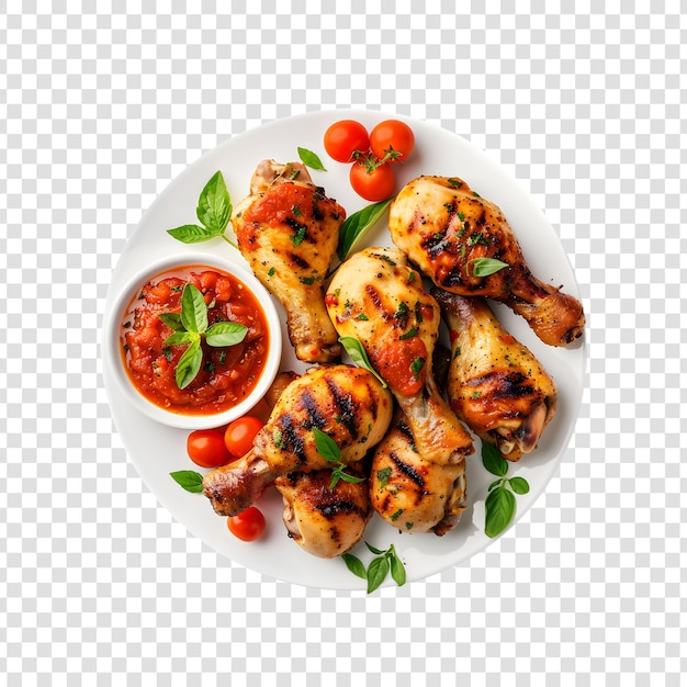 Grilled chicken or roasted BBQ with spices and tomato on a plate with a transparent background