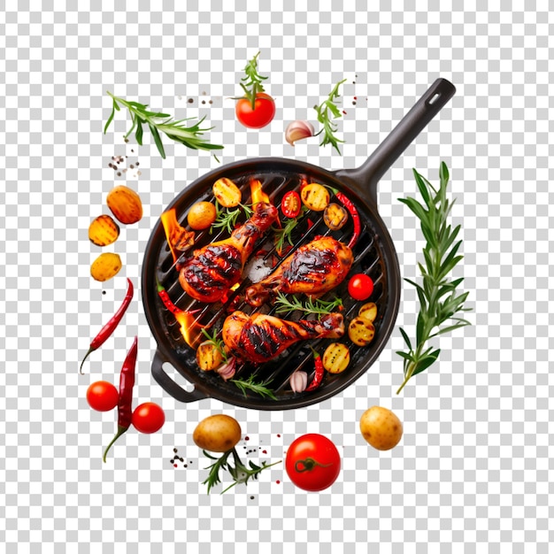 Grilled chicken or roasted BBQ with spices and tomato on a transparent background