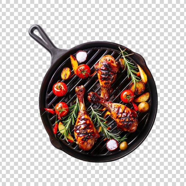 PSD grilled chicken or roasted bbq with spices and tomato on a transparent background